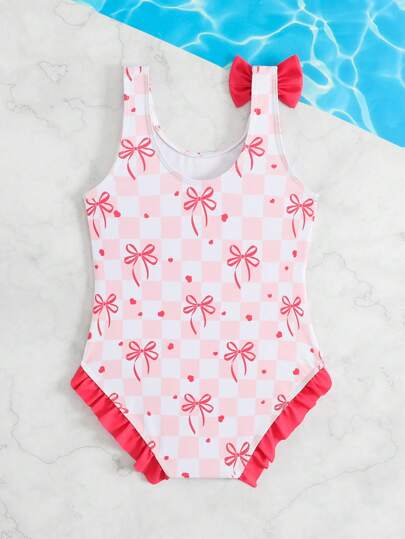فستان سباحة قطعة واحدة عادي للفتيات الصغيرات مزين بفيونكة وطباعة مربعات