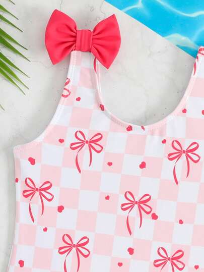 فستان سباحة قطعة واحدة عادي للفتيات الصغيرات مزين بفيونكة وطباعة مربعات
