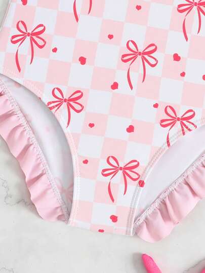 فستان سباحة قطعة واحدة عادي للفتيات الصغيرات مزين بفيونكة وطباعة مربعات