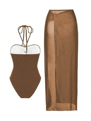SHEIN Swim Curve بدلة سباحة بقطعة واحدة مقاس كبير مع قطعتين حافة معدنية بلون أحادي، تصميم أنيق وبسيط ، للنساء في إجازات الصيف والشاطئ
