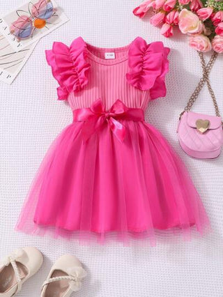 فساتين بيبي Glamorique Kids ثوب أميرة للبنات الصغار مع حزام، رقبة دائرية، شبكة على الأكمام والقصة، مرن ومناسب للصيف