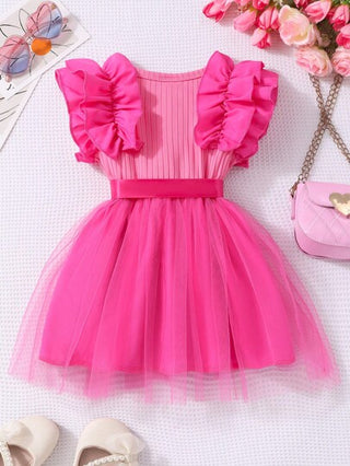 فساتين بيبي Glamorique Kids ثوب أميرة للبنات الصغار مع حزام، رقبة دائرية، شبكة على الأكمام والقصة، مرن ومناسب للصيف