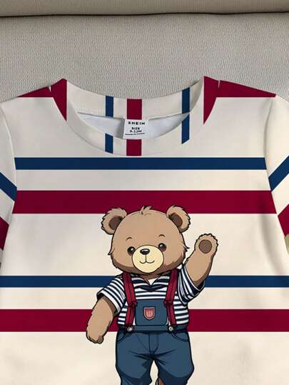 طقم قصير الأكمام مكون من تيشرت وشورت كاجوال بتصميم ذو خطوط وطباعة دب تيدي للأولاد الرضع ، مجموعة مكونة من 2 قطع