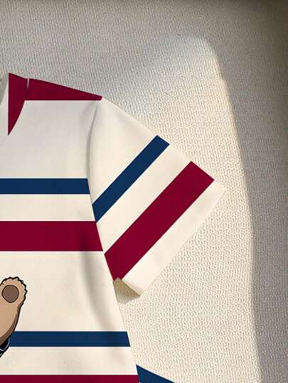 طقم قصير الأكمام مكون من تيشرت وشورت كاجوال بتصميم ذو خطوط وطباعة دب تيدي للأولاد الرضع ، مجموعة مكونة من 2 قطع