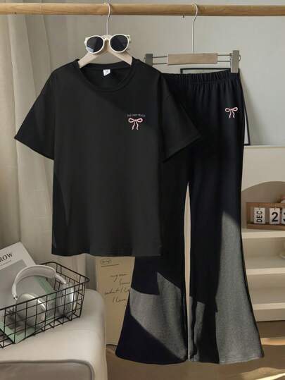 طقم بلوزة كم قصير بطبعة الفراشة بياقة مستديرة وسراويل جينز سوداء مريحة مكونة من قطعتين لتين البنات "إيجاد السلام الداخلي"