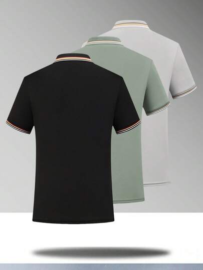 3 قطع بولو رجالية بأكمام قصيرة، سريعة الجفاف، قابلة للتنفس، لون متباين، مناسبة للصيف'