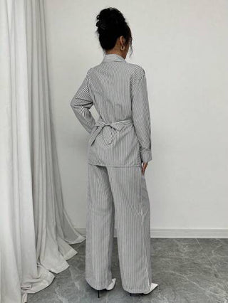 طقم حريمي قطعتين Modelyn العيد مجموعة بلوزة كم طويل ذات ربطة وسروال للنساء 2 قطعة بنمط مخطط منسوج محبوك