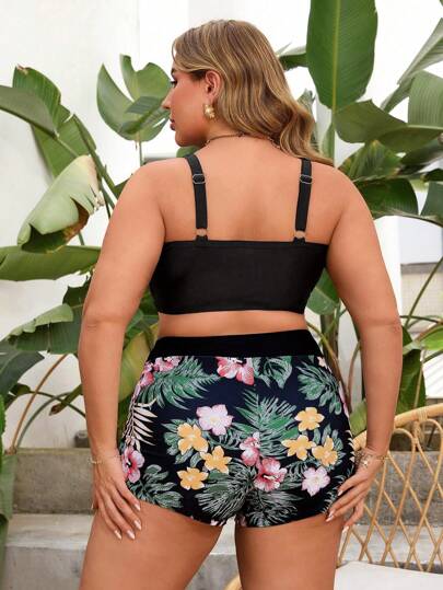 SHEIN Swim Curve مجموعة بيكيني مكونة من قطعتين بنمط خصر مربوط ولون سادة، مع شورت، الحجم الكبير، مناسبة للاستخدام في المسبح والشاطئ والعطلات