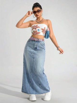 EZwear تنورة جينز طويلة مصممة بجيوب عالية الخصر ذات استخدامات متعددة للنساء