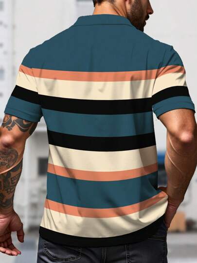 Manfinity Homme قميص بولو كاجوال/رسمي بأكمام قصيرة مخطط لكبار الرجال