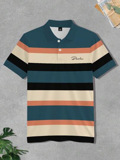 Manfinity Homme قميص بولو كاجوال/رسمي بأكمام قصيرة مخطط لكبار الرجال