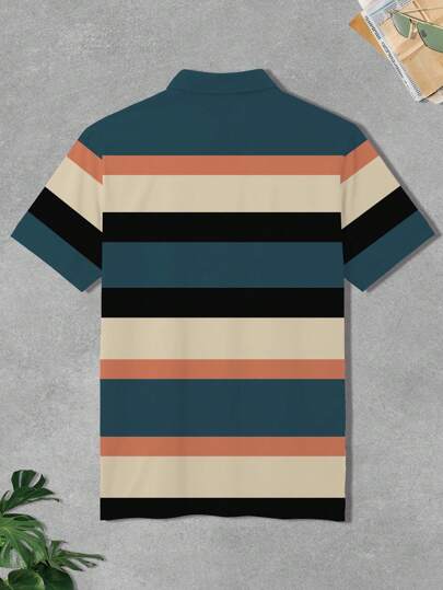 Manfinity Homme قميص بولو كاجوال/رسمي بأكمام قصيرة مخطط لكبار الرجال