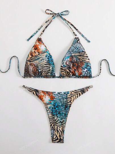 بيكيني من قطعتين للسيدات ذو طبعات جلدية نمر وجرو الأسود والأبيض، مناسب للحجم الكبير، مع أربطة، لحمام السباحة والعطلات الشاطئية الصيفية
