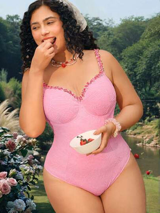 Swim Mod بدلة سباحة من قطعة واحدة للمرأة البدينة، زهور لطيفة وجميلة، حمالة أكوامال، دعم صدر، نسيج منسوج للأجازات الشاطئية، باللون الوردي
