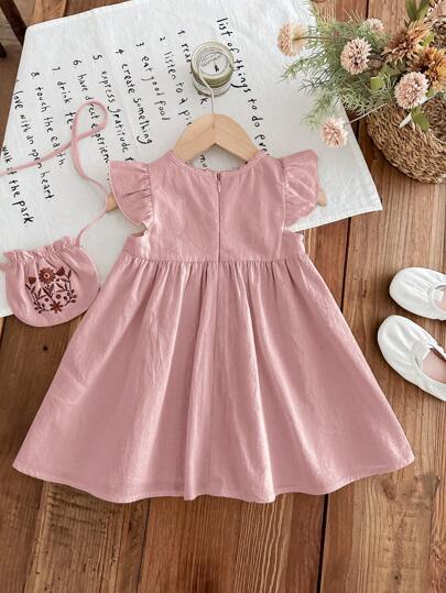 فساتين بيبي فستان بناتي رقيق بتطريز منسوج يحتوي على رقبة دائرية وكشكشة بالأطراف ، مع حقيبة كتف قطرية، ملابس للأخوات، مناسب للربيع والصيف