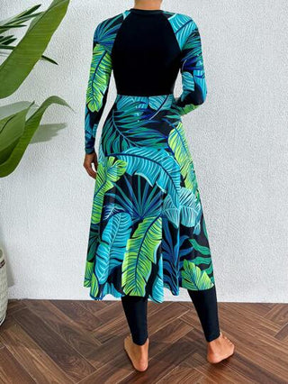 Swim Mulvari للنساء 2 قطعة ملابس علوية بأكمام طويلة و تنورة قصيرة مطوية ذات طباعة نباتات عشوائية مع سحاب, ملابس شاطئ وحقيبة لحفلات الصيف