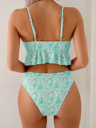 طقم تانكيني حريمي Swim ملابس علوية نسائية بياقة على شكل حرف V والحواف المموجة وحمالات رفيعة وخصر قصير تشبه البيكيني