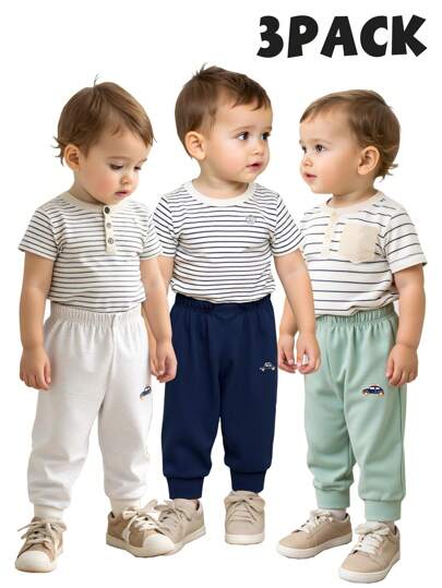 3 قطع ، سراويل أطفال رضع وصغار، نقشة سيارة ماركة، مطرزة، ملائمة لأوقات اليوم العادية، باللون الأزرق الداكن والرمادي والأخضر الزيتوني، مناسبة للموسم الصيفي