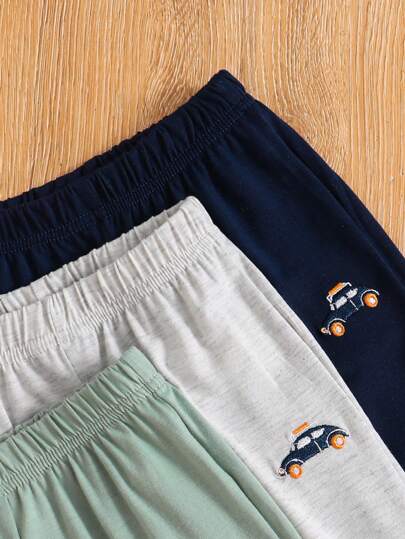 3 قطع ، سراويل أطفال رضع وصغار، نقشة سيارة ماركة، مطرزة، ملائمة لأوقات اليوم العادية، باللون الأزرق الداكن والرمادي والأخضر الزيتوني، مناسبة للموسم الصيفي