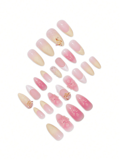 طقم أظافر مزيفة بشكل اللوز مكون من 24 قطعة، أنيقة بطراز فرنسي حلو، بنقش حلزوني ثلاثي الأبعاد لفراشات ورسومات زهور رقيقة، مناسبة لجميع النساء والفتيات. يأتي مع ملف أظافر وغراء جيلي في العلبة للتطبيق السهل.