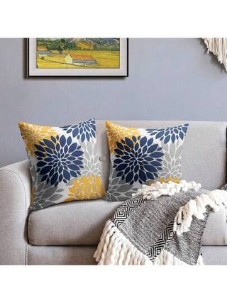 2 غطاء وسادة أزرق أصفر رمادي بطبعة زهرة الداليا الخارجية ديكورية، تصميم هندسي حديث كريفي، غطاء وسادة كتان لزينة الأريكة وسرير المنزل بدون لب الوسادة من جهة واحدة