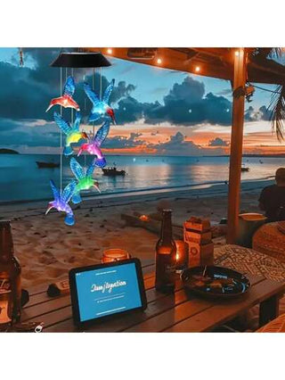 1 قطعة عمود رياح بتأثير طائر الكوليبري الضوئي الشمسي للخارج، متغير اللون مقاوم للماء، أضواء عمود الرياح بشكل طائر الكوليبري، ضوء ديكوري مناسب للحديقة والشرفة والحفلات والفناء والديكور النافذة