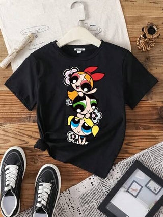 ملابس بناتي THE POWERPUFF GIRLS X تي شيرت كاجوال قصير الأكمام للبنات المراهقات مزيَن بنمط الأزهار والفقاعات والزنبق ، صيفي