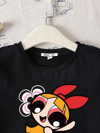 ملابس بناتي THE POWERPUFF GIRLS X تي شيرت كاجوال قصير الأكمام للبنات المراهقات مزيَن بنمط الأزهار والفقاعات والزنبق ، صيفي