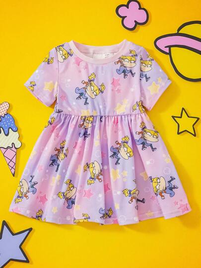 فساتين بيبي Nick 90s X  فستان كاجوال بأكمام قصيرة للبنات الرضع ذو طبعة نجوم وفتيات كرتونية، لطيف وحلو باللون الأرجواني