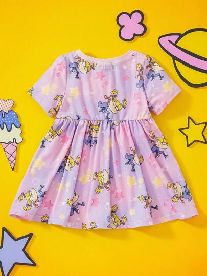 فساتين بيبي Nick 90s X  فستان كاجوال بأكمام قصيرة للبنات الرضع ذو طبعة نجوم وفتيات كرتونية، لطيف وحلو باللون الأرجواني