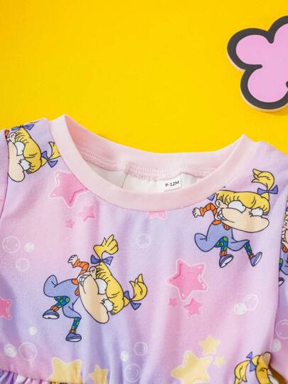 فساتين بيبي Nick 90s X  فستان كاجوال بأكمام قصيرة للبنات الرضع ذو طبعة نجوم وفتيات كرتونية، لطيف وحلو باللون الأرجواني