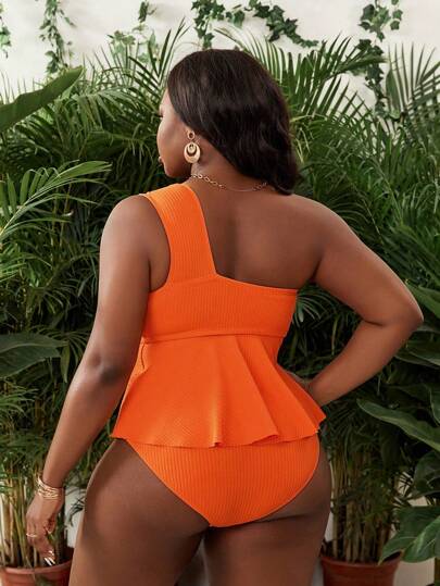 Slaydiva مجموعة ملابس سباحة للأحجام الكبيرة تتكون من قطعتين؛ ملابس علوية مكشكش غير متماثل وسراويل ذات خصر مرتفع بشكل مثلث، مناسبة للحفلات الشاطئية واللياقة البدنية