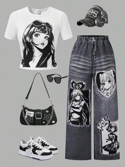 تيشيرتات بناتي طقم بلوزة كشكشة الرقبة مع بنطال فضفاض بطبعات كرتونية لفتيات المراهقة، مكون من 2 قطع