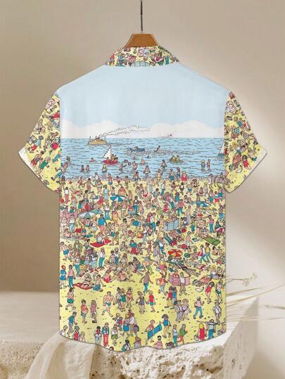 قميص كاجوال قصير الأكمام بطبعة سمكة قرش، للذكور، للشاطئ والعطلات الصيفية