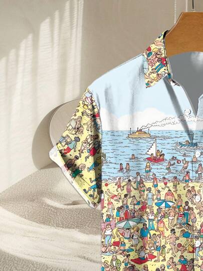 قميص كاجوال قصير الأكمام بطبعة سمكة قرش، للذكور، للشاطئ والعطلات الصيفية