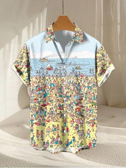 قميص كاجوال قصير الأكمام بطبعة سمكة قرش، للذكور، للشاطئ والعطلات الصيفية