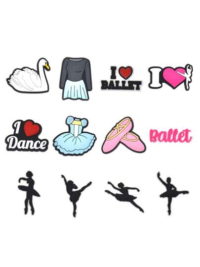 12 قطعة/مجموعة من الجاذبية في رقصة الباليه لتزيين الأحذية، مصنوعة من البي في سي، بتصميم ملون وأشكال الجمباز والبجع، مثالية لهواة الرقص لتزيين أحذيتهم وصنادلهم ذات النعال الخشبية
