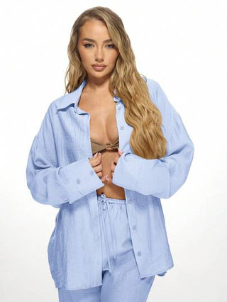 طقم حريمي قطعتين MISSGUIDED مجموعة قطعتين من الكتان لأجواء الشاطئ، قميص كبير الحجم بأزرار وبنطال بساق عريضة، ملابس استرخاء وعطلة صيفية، تنسيق خفيف الوزن