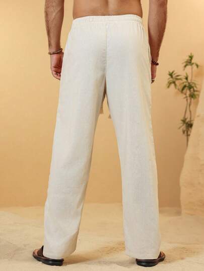 Manfinity Nomadique مجموعة 2 قطعة بنطلون رجالي كتان مع جيوب وخصر بحبل شد