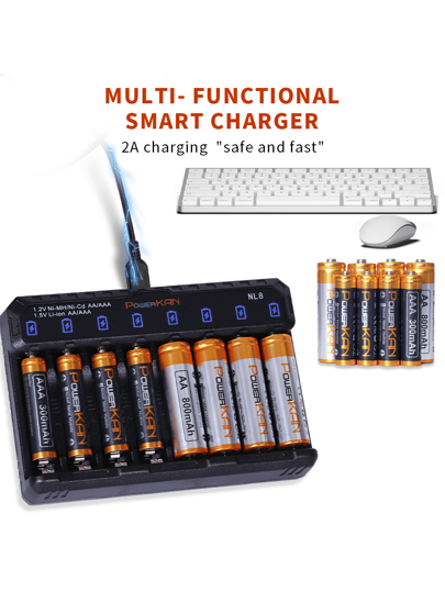 powerKAN مجموعة (بطارية + شاحن), بطارية قابلة لإعادة الشحن بقوة 1.2 فولت Ni-MH من PowerKAN بحجم AA و AAA + شاحن NL8 قابل للشحن وإفراغ متكرر, مجموعة من 8 بطاريات AA سعة 800 مللي أمبير و8 بطاريات AAA سعة 300 مللي أمبير عالية الجودة, شاحن USB سريع للبطاريات