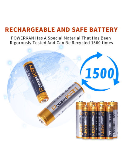 powerKAN مجموعة (بطارية + شاحن), بطارية قابلة لإعادة الشحن بقوة 1.2 فولت Ni-MH من PowerKAN بحجم AA و AAA + شاحن NL8 قابل للشحن وإفراغ متكرر, مجموعة من 8 بطاريات AA سعة 800 مللي أمبير و8 بطاريات AAA سعة 300 مللي أمبير عالية الجودة, شاحن USB سريع للبطاريات