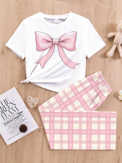 بيجاما مجموعة تي شيرت t كم قصير رقبة دائرية مزينة بفيونكة وبنطلون بيجامة مستقيم مرتاح مع بنمط مربعات للبنات المراهقات، ال- 2قطعة