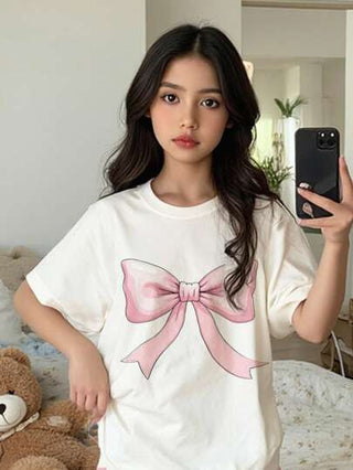 بيجاما مجموعة تي شيرت t كم قصير رقبة دائرية مزينة بفيونكة وبنطلون بيجامة مستقيم مرتاح مع بنمط مربعات للبنات المراهقات، ال- 2قطعة