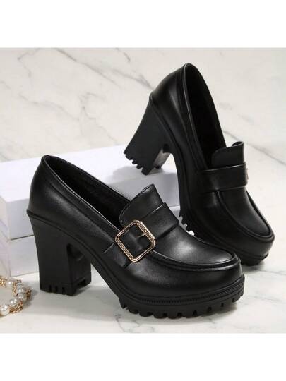 أحذية نسائية عصرية ذات كعب سميك وكعب عالي مصنوعة من الجلد، قاع ناعم لأحذية الأمهات مع منصة مقاومة للماء، أحذية خفيفة للعمل