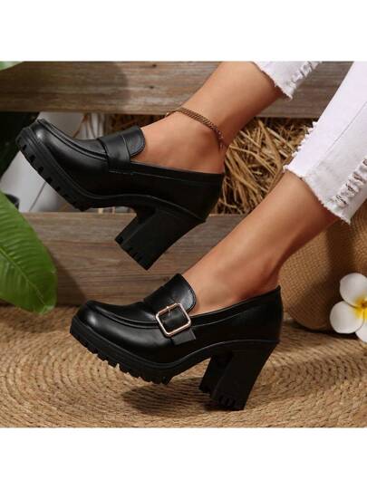 أحذية نسائية عصرية ذات كعب سميك وكعب عالي مصنوعة من الجلد، قاع ناعم لأحذية الأمهات مع منصة مقاومة للماء، أحذية خفيفة للعمل