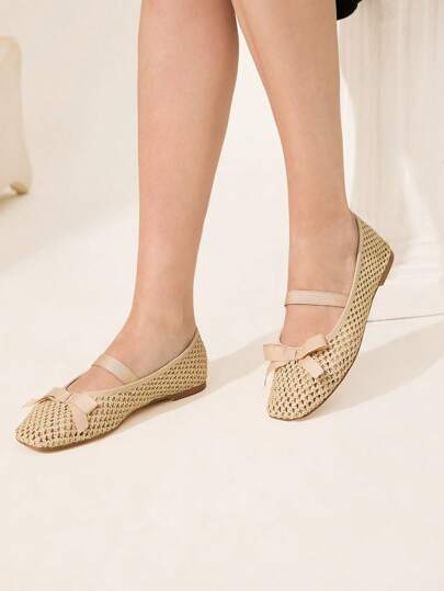 CUCCOO CHICEST حذاء ماري جين مربع الأصبع مريح وعصري مصنوع من منسوجات، لون بيج، لأسلوب الصيف والإجازة في الشاطئ والهاواي