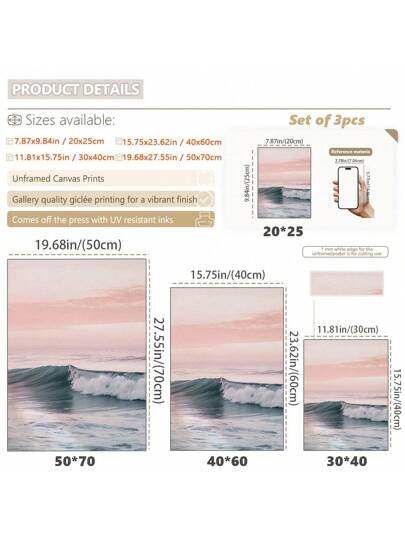3 قطع/مجموعة، لوحة معلقة على الحائط، لوحة تزيينية مؤطرة، ملصق، فن الحائط، مجموعة فن حائط لشروق الشمس على الشاطئ الهادئ - طباعة قماش لغروب الشمس الوردي وأمواج المحيط، ديكور ساحلي حديث للغرفة المعيشية وغرفة النوم والمكتب المنزلي - فن هادئ، هدية...