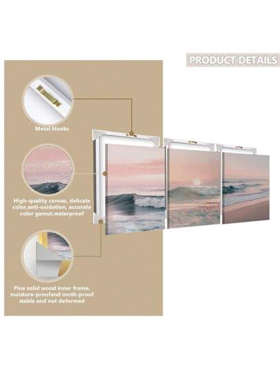 3 قطع/مجموعة، لوحة معلقة على الحائط، لوحة تزيينية مؤطرة، ملصق، فن الحائط، مجموعة فن حائط لشروق الشمس على الشاطئ الهادئ - طباعة قماش لغروب الشمس الوردي وأمواج المحيط، ديكور ساحلي حديث للغرفة المعيشية وغرفة النوم والمكتب المنزلي - فن هادئ، هدية...