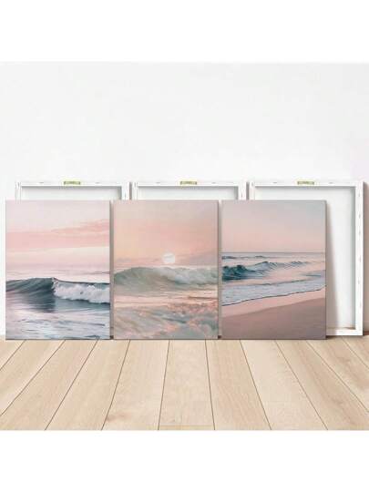 3 قطع/مجموعة، لوحة معلقة على الحائط، لوحة تزيينية مؤطرة، ملصق، فن الحائط، مجموعة فن حائط لشروق الشمس على الشاطئ الهادئ - طباعة قماش لغروب الشمس الوردي وأمواج المحيط، ديكور ساحلي حديث للغرفة المعيشية وغرفة النوم والمكتب المنزلي - فن هادئ، هدية...