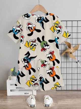 مجموعة تيشيرت بياقة طاقم وشورت 2 قطعة، بطبعة كلب كرتوني غير رسمي للأطفال الصبية، صيفي